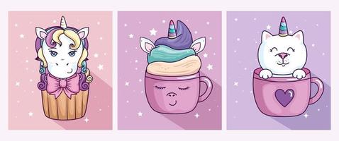 set designs of unicorns and cute icons vector