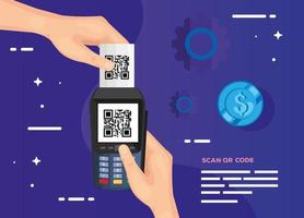 escanear el código qr con las manos usando un datáfono vector