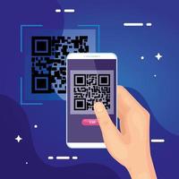 mano usando un teléfono inteligente con código de escaneo qr vector