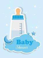 Tarjeta de Baby Shower con botella de leche e iconos. vector