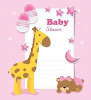 tarjeta de baby shower con jirafa e iconos vector