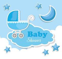 tarjeta de baby shower con carrito de bebé e iconos vector