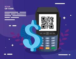 escanear código qr con datáfono y símbolo de dólar vector