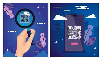 Establecer póster de código QR e iconos de escaneo vector