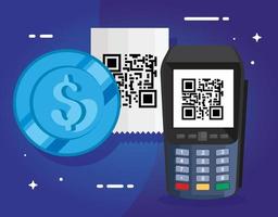 datáfono con código de escaneo qr y moneda vector