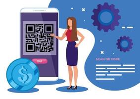 escanear código qr con mujer de negocios e iconos vector