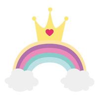 cute rainbow with clouds and crown vector
