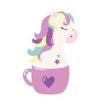 head of cute unicorn fantasy in cup ceramic vector