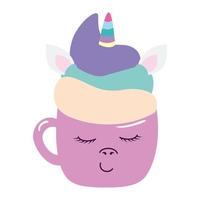 lindo, taza, unicornio, kawaii, estilo, icono vector