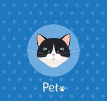 Cara de gato en blanco y negro de fondo con pawprints vector