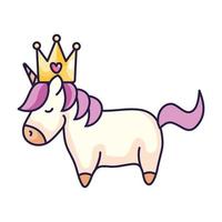 Lindo unicornio con corona icono aislado vector