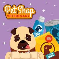 tienda de mascotas veterinaria con lindo perro e iconos vector