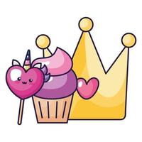 linda corona con cupcake y corazón unicornio estilo kawaii vector