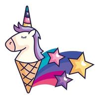 cute unicorn ice cream and shooting stars vector