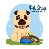 tienda de mascotas veterinaria con lindo perro e iconos vector