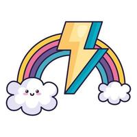 lindo arco iris con nubes y rayo estilo kawaii vector