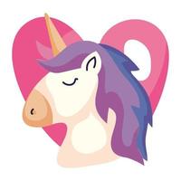 Cabeza de lindo unicornio con icono de corazón aislado vector