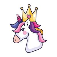 Cabeza de lindo unicornio con corona icono aislado vector