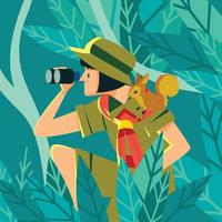 Girl Scout Using a Telescope With a Squirrel in Her Shoulder vector