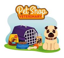 tienda de mascotas veterinaria con lindo perro e iconos vector