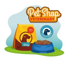 pet shop veterinary with bag and dish food for dog vector