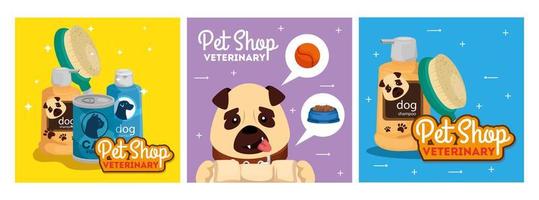 Establecer póster de veterinaria de tienda de mascotas con iconos vector