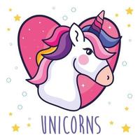 head of cute unicorn in heart and stars decoration vector