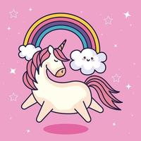 lindo unicornio y arcoiris con nubes estilo kawaii vector