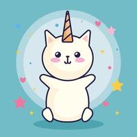 lindo gato unicornio con decoración de corazones y estrellas vector