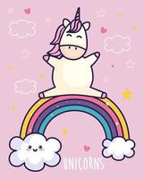 lindo unicornio y arcoiris con nubes estilo kawaii vector