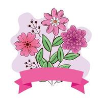 Flowers with leaves and ribbon vector design