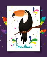 cartel de carnaval brasileño con tucán y decoración. vector