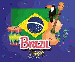 Cartel del carnaval de Brasil con bandera e iconos tradicionales. vector