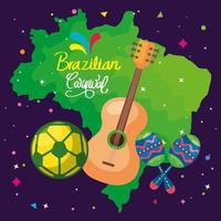 cartel de carnaval brasileño con mapa e iconos tradicionales vector