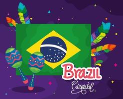 Cartel del carnaval de Brasil con bandera e iconos tradicionales. vector