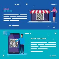 set poster of scan code qr with icons vector