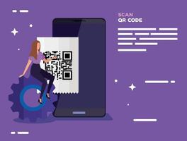 escanear el código qr en el teléfono inteligente con empresaria e iconos vector