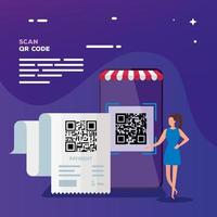 scan code qr with businesswoman and smartphone vector