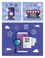 Establecer póster de código de escaneo qr con iconos vector