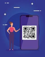 escanear el código qr en el teléfono inteligente con la empresaria vector