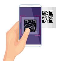 mano usando un teléfono inteligente con código de escaneo qr vector