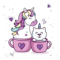 unicorn and cat fantasy in cups vector