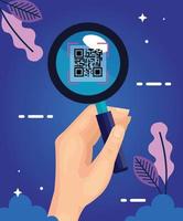 mano y codigo qr en lupa vector