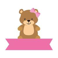 lindo, oso de peluche, hembra, con, cinta, aislado, icono vector