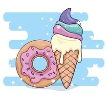 lindo helado en cono con delicioso donut vector