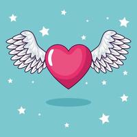 cute heart with wings and stars decoration vector