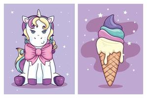 linda fantasía de unicornio con delicioso helado vector