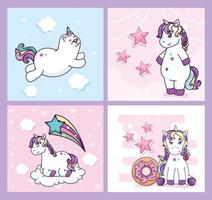 grupo de lindos unicornios fantasía con decoración vector