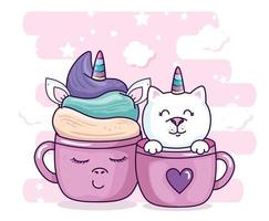 linda taza unicornio y gato en taza estilo kawaii vector