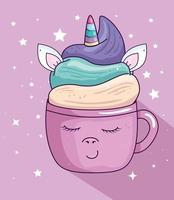 lindo, taza, unicornio, kawaii, estilo, icono vector